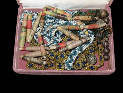 Small Jewelry Box Containing strand of Paper Beads, and Hand Beaded trim pcs, and several: Small Jewelry Box Containing strand of Paper Beads, and Hand Beaded trim pcs, and several metal(maybe sterling silver?) beads