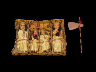 Vintage Ceramic Native American Souvenir Doll Set Japan in original box, Toy Tomahawk