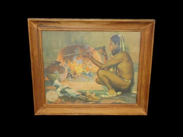 Eanger Irving Couse (1866–1936) "The Arrow Maker" framed print-Sante Fe RR Advertising-14 1/4" x