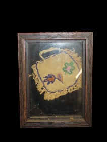 4 1/2" x 4 1/2" Native American Beaded Bag in frame decorated with Turtle and Lizard