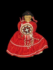 9 1/2" Vintage Signed Native American Navajo Cloth Indian Doll with velvet clothing. Signed on the