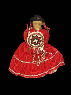 9 1/2" Vintage Signed Native American Navajo Cloth Indian Doll with velvet clothing. Signed on the: 9 1/2" Vintage Signed Native American Navajo Cloth Indian Doll with velvet clothing. Signed on the bottom of the foot by Alice Mokie: signed Handmade Native American Doll