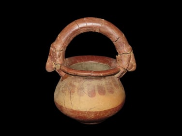 6" Diameter Painted Clay Handled Pottery Jar, Red Pigment, Pre Columbian, Possibly Costa Rica