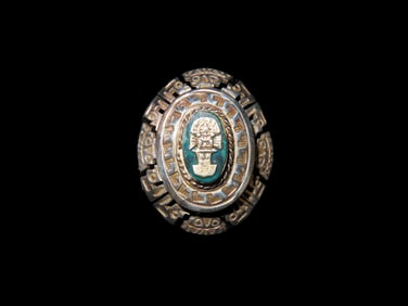 Brooch/Pendant, Peru, 925 silver, oval shape, Aztec tribal mask pattern on malachite