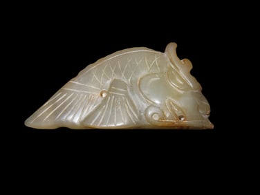 Hand Carved Chinese Jade Pendant, Dragon Head Fish Effigy
