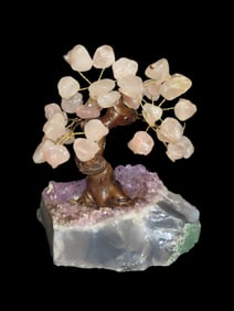 4" X 3 1/2" Crystal Bonsai- Hand Carved Tree with Rose Quartz Leaves on Golden Wire Branches,