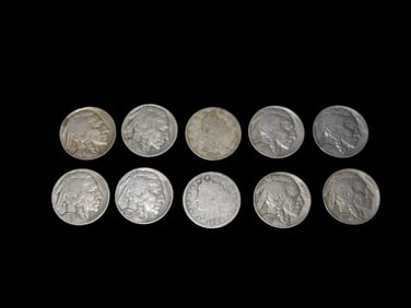 10 V-Nickel Indian Head Buffalo Nickels USA Early American Currency Full Date.
