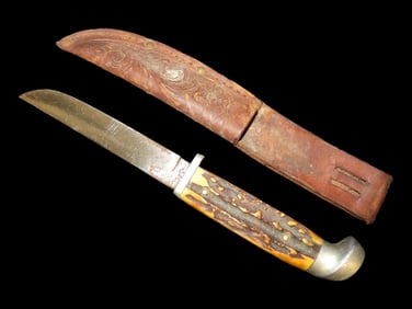 Antique Bone Handled Knife w/ sheath, 9" long