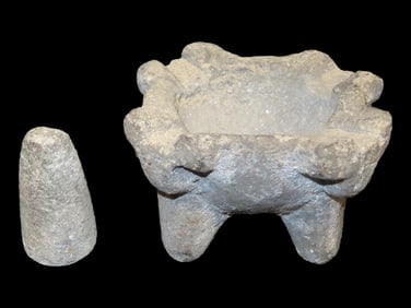 Pre Columbian Stone Bowl w/ Pestle, 4" Dia