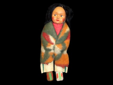 Native American Hand Made Skookum Doll-Hand Woven Blanket,Beadwork, Real Hair
