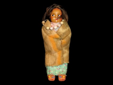 Native American Hand Made Skookum Doll-Hand Woven Blanket,Beadwork, Real Hair