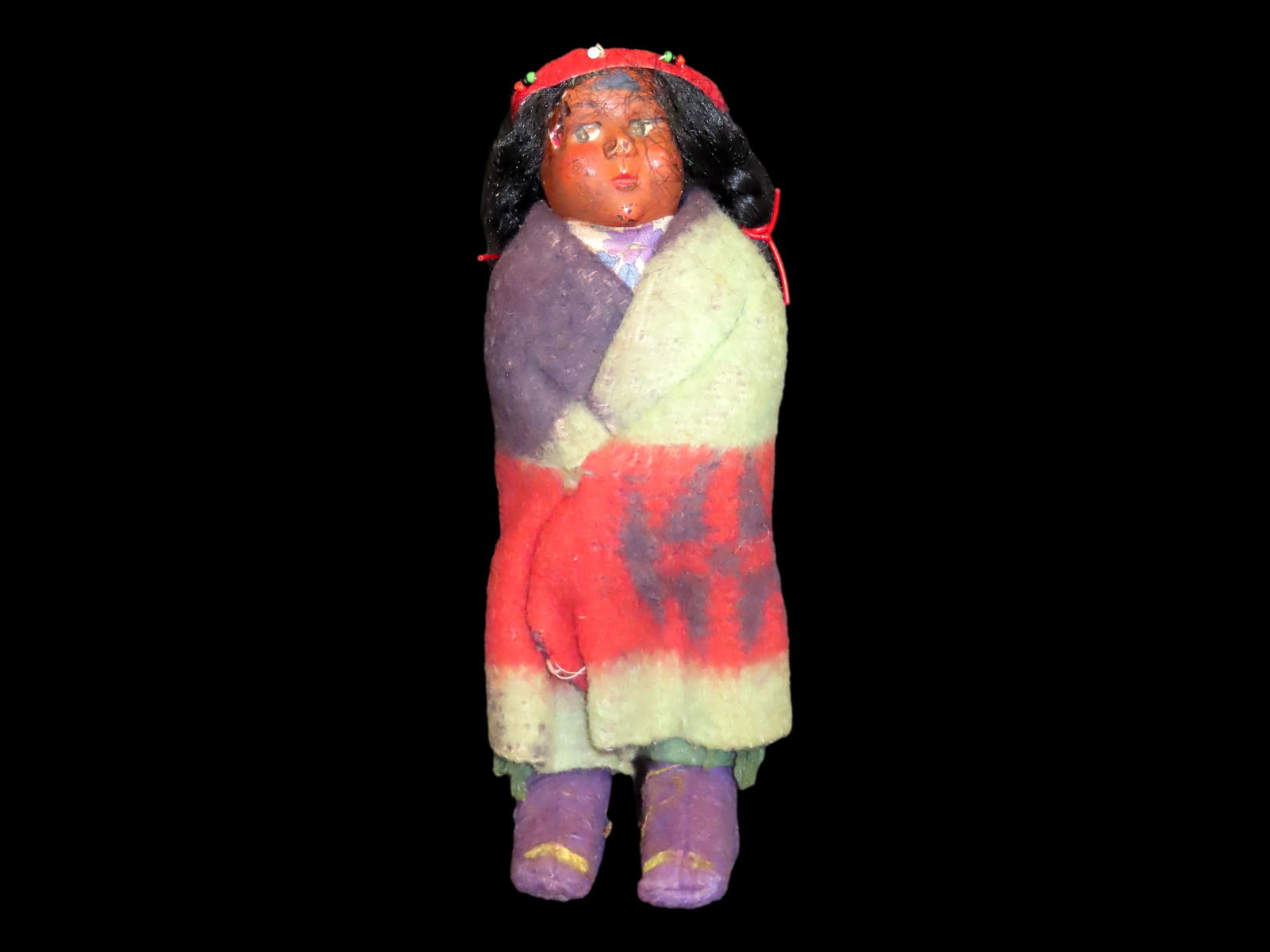 Native American Hand Made Skookum Doll-Hand Woven Blanket,Beadwork, Real Hair (1 of 6)