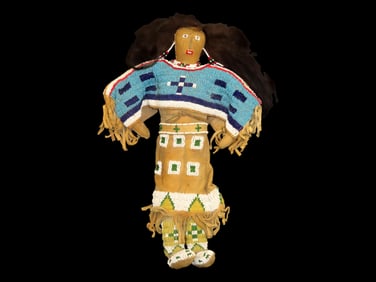 12" Native American Handmade Beaded Doll w/Leather clothing, Intricate Beadwork, and Real Hair