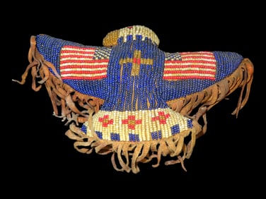 Native American Beaded Eagle Fetish -Red,White,&Blue Beadwork, American Flags, Leather Fringe-Highly