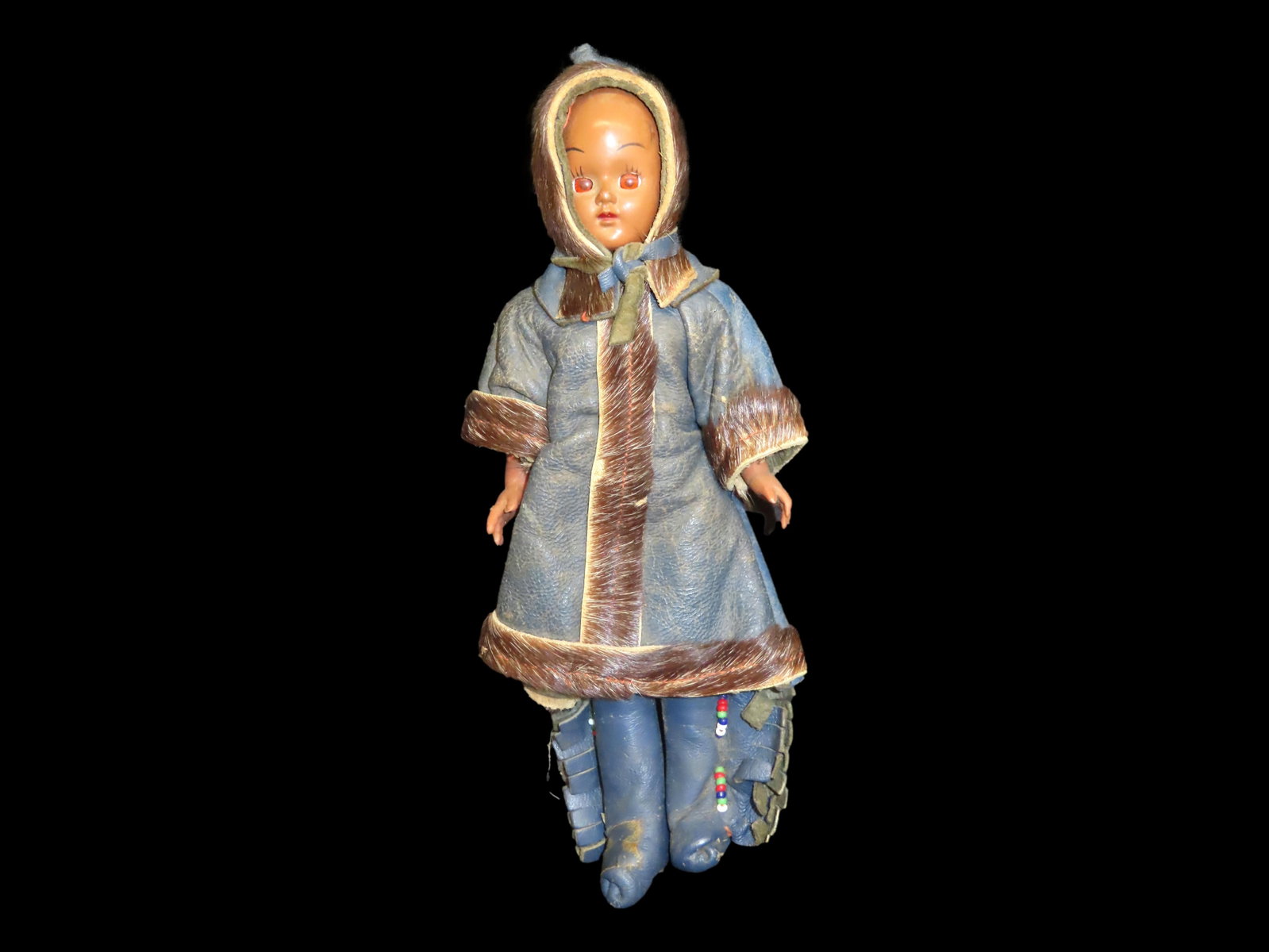 Native American Sleeepy Eye Doll-Fur and Leather "Winter" clothing, small repair right foot: Native American Sleeepy Eye Doll-Fur and Leather "Winter" clothing, small repair right foot