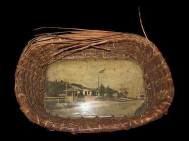 Native American Ifugao Woven Light Bowl With Picture of South Entrance To Rocky Water Camp, East