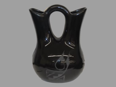 7 3/4" x 5 3/4" Native American Black on Black Vintage Wedding Vase, signed
