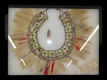 Frame containing Kings Necklace, Kuba Tribe, Zaire, African, Cowrie Shells, Lion Hair and Lion Teeth