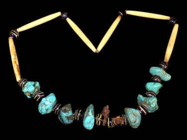 Native American Turquoise Bone and Glass Bead Necklace