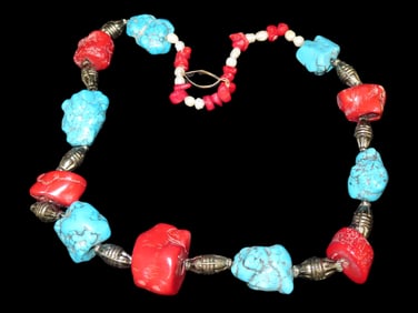 Antique Coral Turquoise and Mother of Pearl Necklace with Metal Spacers