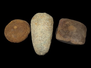 Lot of 3 Native American Field Grade Hardstone Tools-Pestle, Nutting Stones