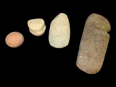 Lot of 4 Native American Field Grade Hardstone Tools- Game Ball, Net Weight, Celt, Axe