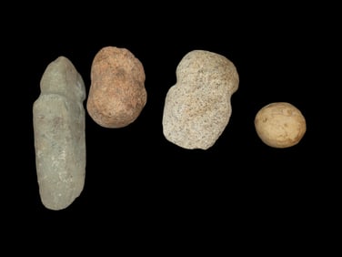 Lot of 4 Native American Field Grade Hardstone Tools- Axes, Gameball/Polishing Stone