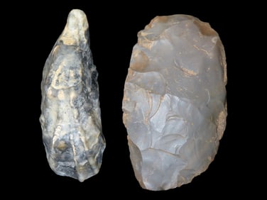 Lot of 1 Fossil Mussel Shell Dipper and 1 Large Flint Adze