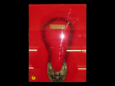 Hudson Bay Brass Fur Trade Gorget w/English Royal Crest, on strand of Old Red Venetian Vaseline