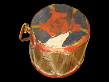 Vintage Toy Native American Drum, painted stretched leather and sinew bindings