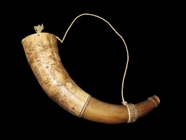 Incredible Civil War Era Engraved Powder Horn Flask, Has Owners Name Engraved, "17mi Dist." and