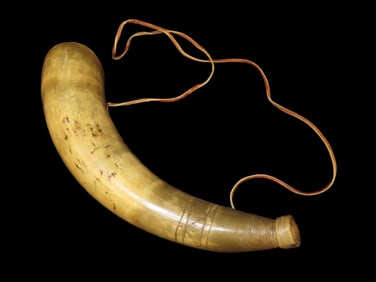 Large Engraved Civil War Confederate Era Powder Horn Flask, Engraved "C.S. BAALS." Not sure if the