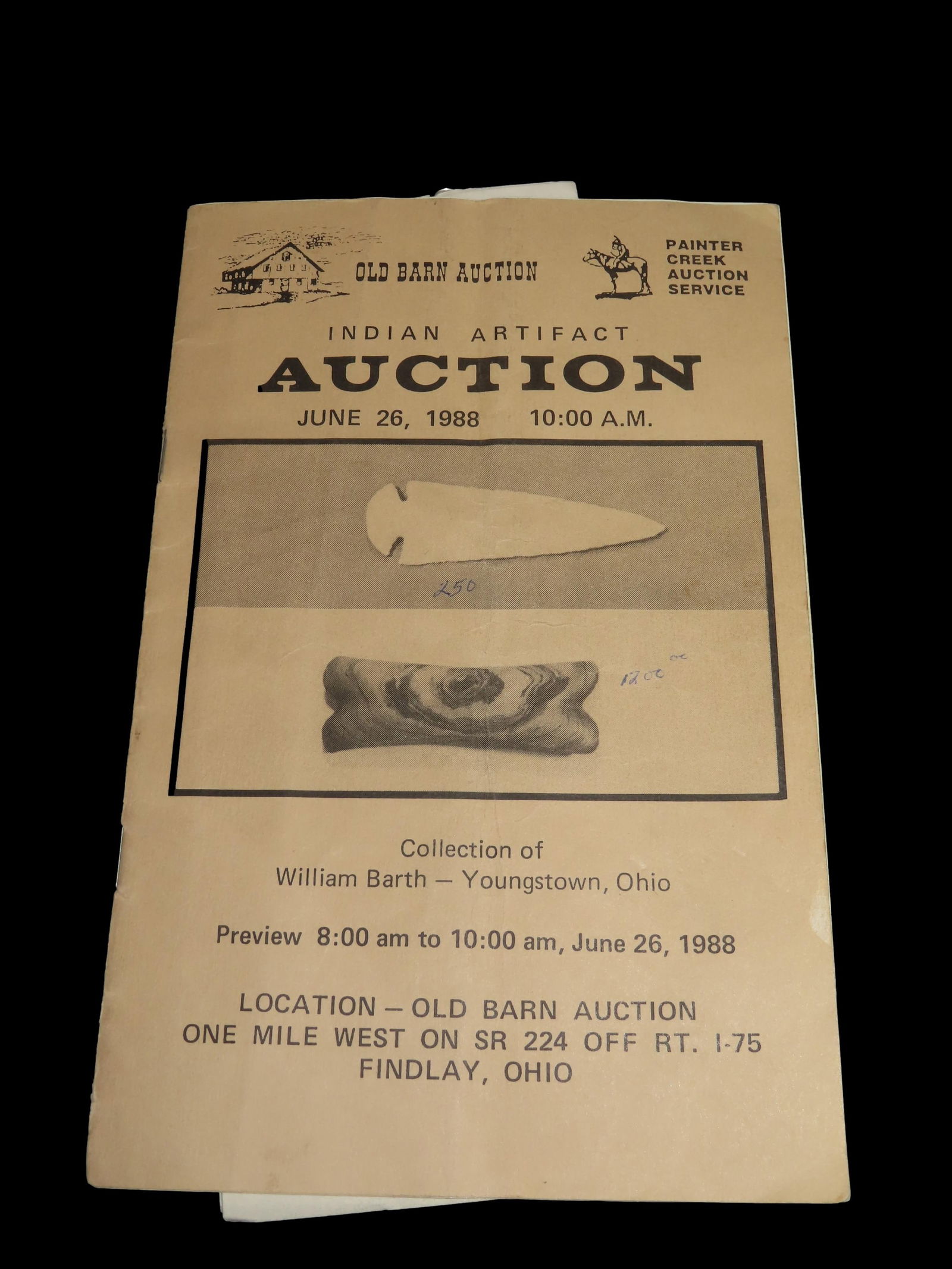1988 William Barth Indian Artifact Collection Auction Catalog, Old Barn/Painter Creek Auction: 1988 William Barth Indian Artifact Collection Auction Catalog, Old Barn/Painter Creek Auction Service, Includes Prices Realized List Also; Dovetail, Birdstones, Pendants, Gorgets, Axes, Pestles, Etc..