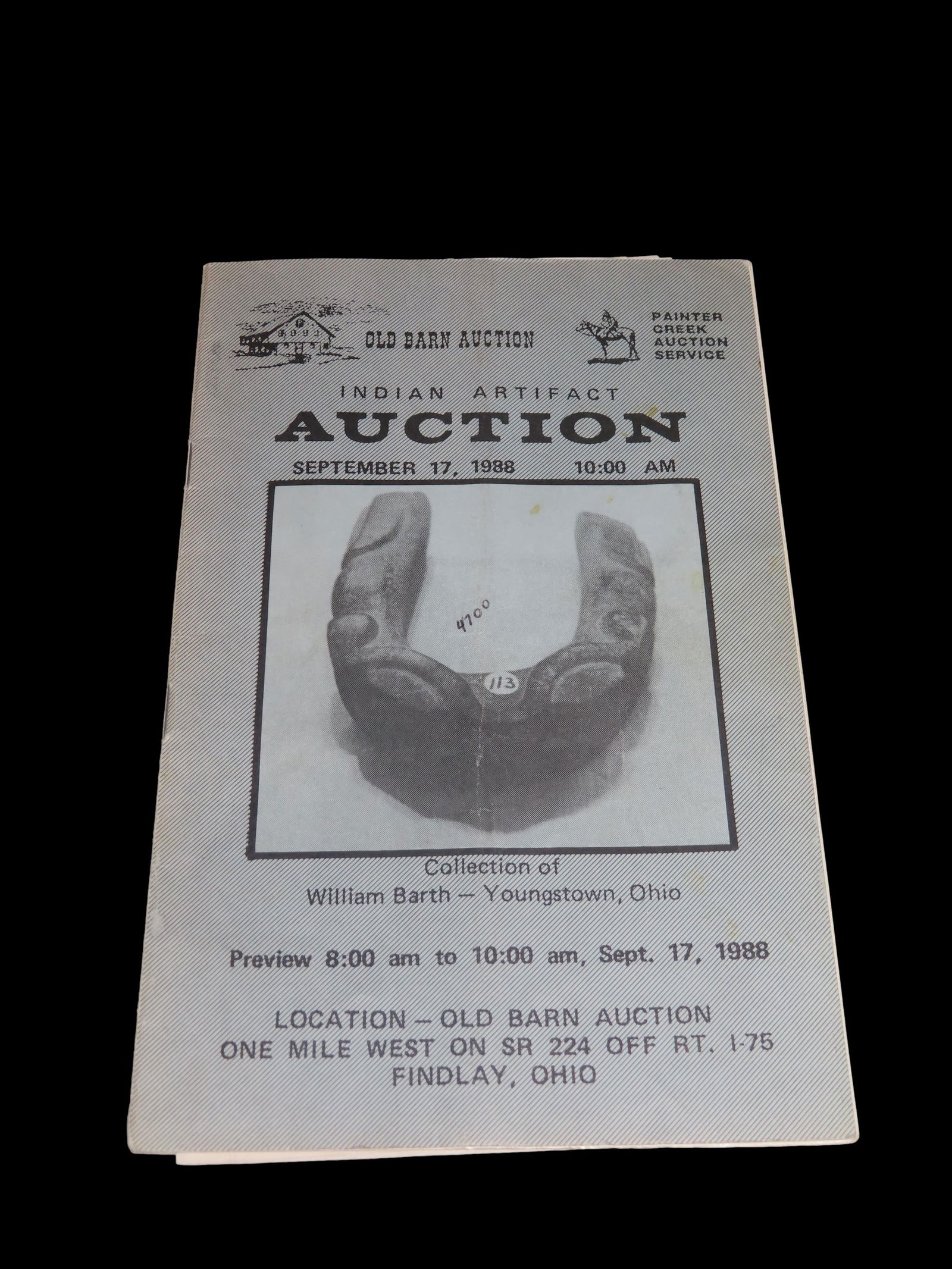 1988 William Barth Indian Artifact Collection Auction Catalog Part 2, Old Barn/Painter Creek Auction: 1988 William Barth Indian Artifact Collection Auction Catalog Part 2, Old Barn/Painter Creek Auction Service, Includes Prices Realized List Also; Dovetail, Birdstones, Pendants, Gorgets, Axes, Pestles