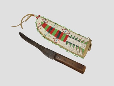 AMAZING PLAINS INDIAN KNIFE & BEADED SHEATH, GREAT OLD AUTHENTIC EXAMPLE, HISTORIC NATIVE AMERICAN