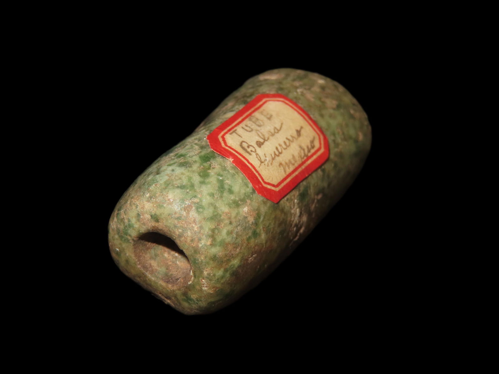 Fine Large Mezcala Jadeite Tube Bead, Guerrero México. 1 3/4" Inches. Ex private CA collection.: Fine Large Mezcala Jadeite Tube Bead, Guerrero México. 1 3/4" Inches. Ex private CA collection.