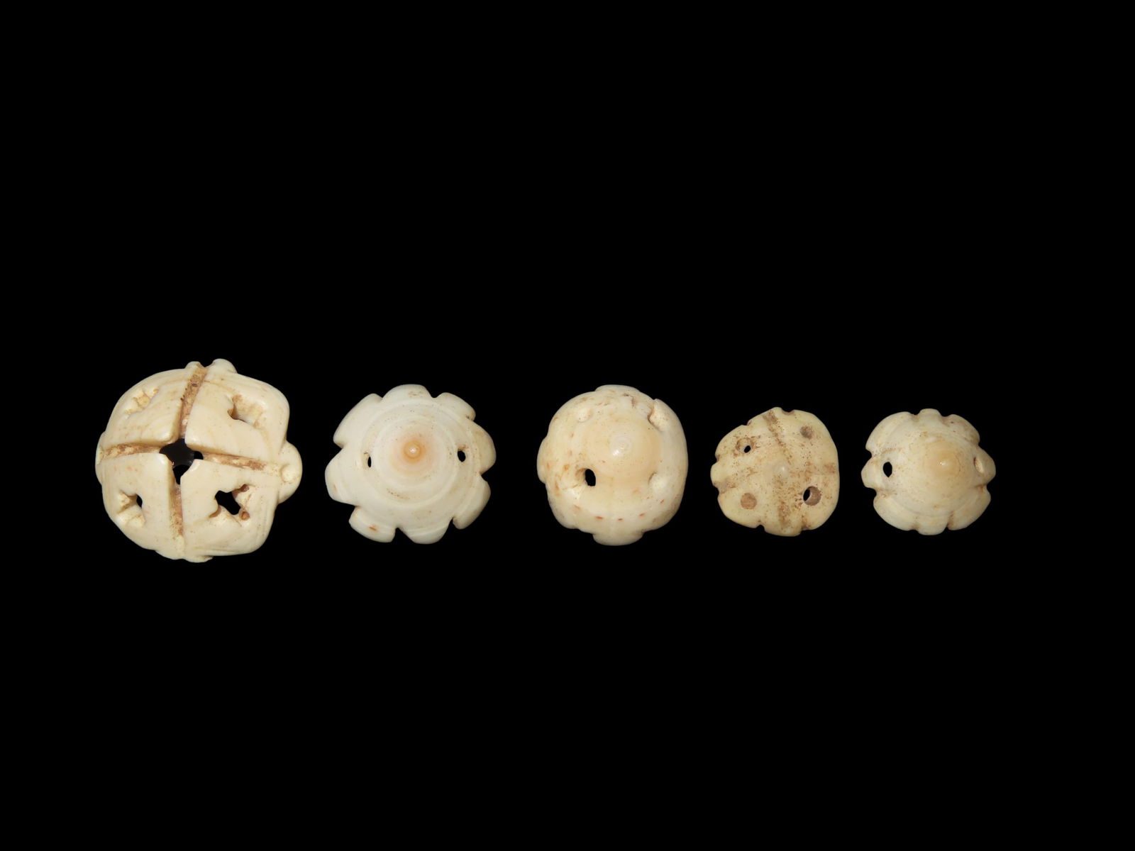 Grouping of 5 Antique Mauritanian Carved Conus Shell Hair Adornment Beads, West African (1 of 3)