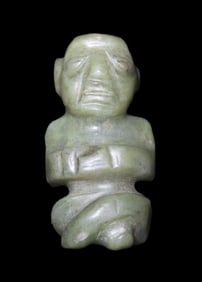 Amazing Jade Olmec Seated Human Figure Effigy Pendant, Mexico. Ex private CA collection.