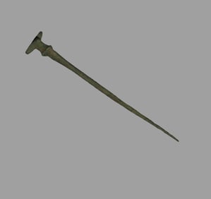 4" Effigy Copper Hairpin from Peru. Nicely Decorated top end. Nice Long Example, Heavily Patinated &