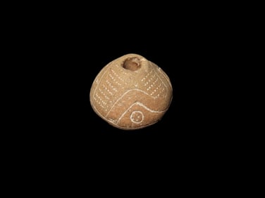 Heavily Engraved Clay Bead, Mexico. Elaborate Incised Design all the way around, Perforation in