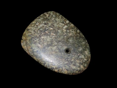 Maya Pendant, Fine! Mexico. 2 3/4", highly polished, speckled greenstone. Ex Converse auction.
