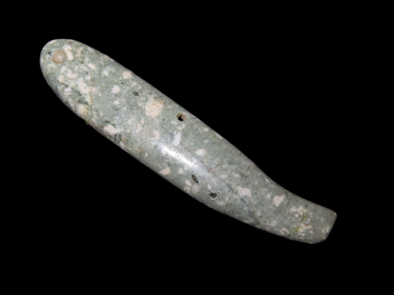 Rare Olmec Jaguar Tooth Effigy Pendant, Jade, Mexico, Motely COA. Highly Polished Example, Dished: Rare Olmec Jaguar Tooth Effigy Pendant, Jade, Mexico, Motely COA. Highly Polished Example, Dished out on the back side and Rounded on the other. Broken & Glued tightly.