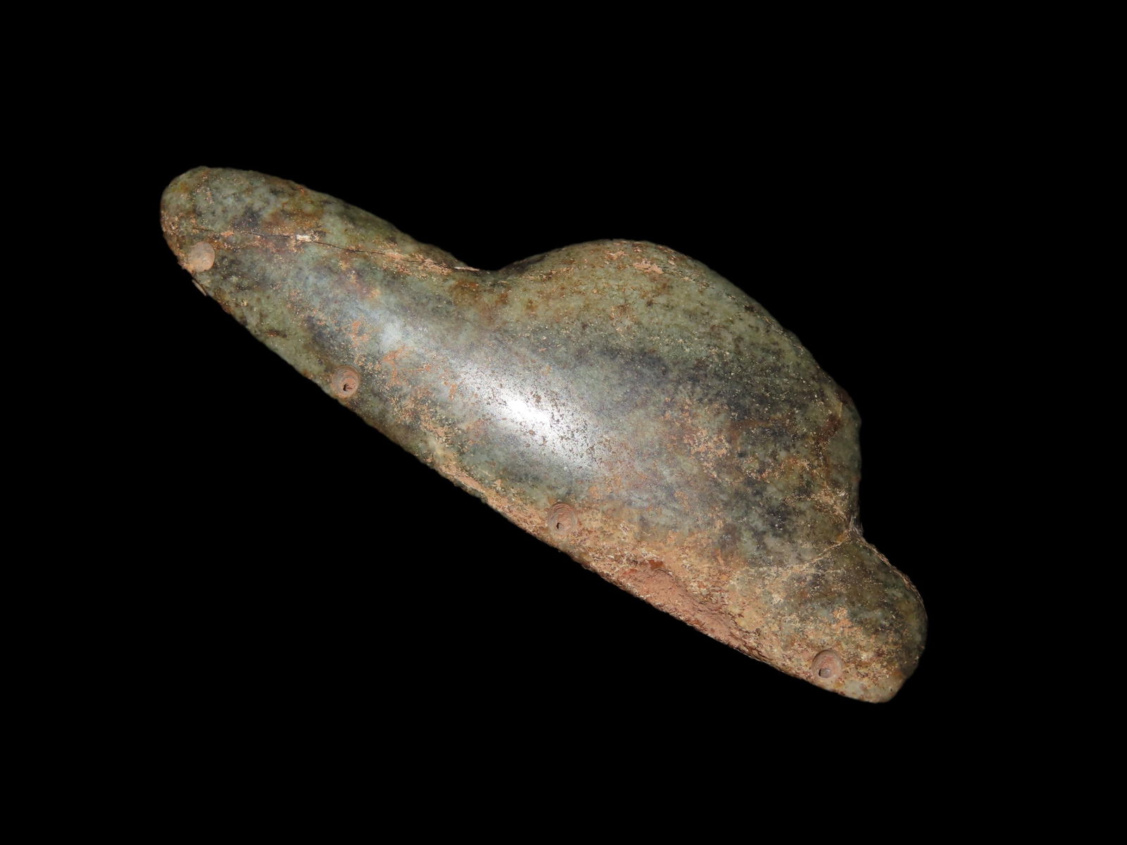 Olmec Drug Spoon. Veracruz, Mexico. Highly polished, mottled Jadeite. 3 3/4". Drilled for: Olmec Drug Spoon. Veracruz, Mexico. Highly polished, mottled Jadeite. 3 3/4". Drilled for suspension.
