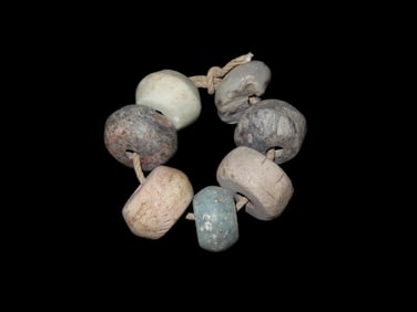 Nice Strand of 7 Large Colorful Maya Beads, Pre Columbian, Mexico. Variety of Colors & Stones, One
