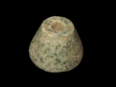 Large Mayan Ear Spool. Mexico, Pre Columbian. Speckled greenstone / Jadeite, ex Dr Harner Collection