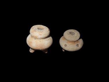 Pair of Tripod Pottery Bottle Effigy Beads, Mexico. One Highly Decorated. Nice Old Examples!