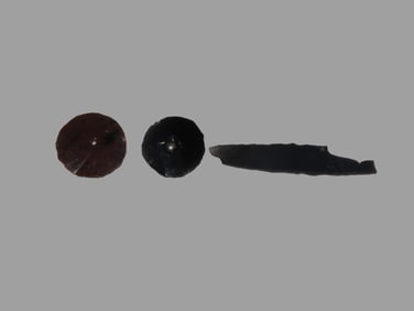 Lot of 3 Obsidian Beads/ Pendants, Colima, Mexico. 2 Drilled Disc Beads & One Long Slender Drilled