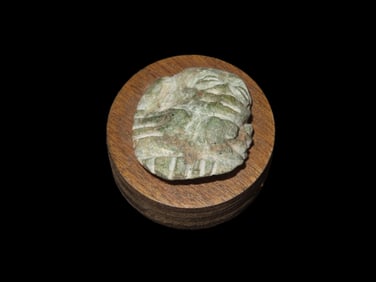 Human Effigy Jade Figure, South America, Nice Detail. Glued to a Wooden Display Stand.