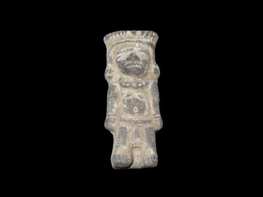 2 5/8" Aztec Human Effigy Pottery Figure, Very Nice Elaborate Example, Ear Spools, Fancy Necklace,
