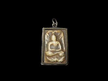 Antique Chinese Carved Stone Religious Buddha Pendant, Wrapped in Bronze Bezel, Great Vintage Piece